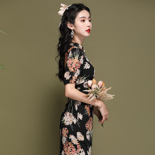 复古中国风，印花束腰连衣裙改良年轻款短袖旗袍OY-220187 商品图2