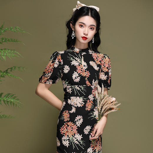 复古中国风，印花束腰连衣裙改良年轻款短袖旗袍OY-220187 商品图0