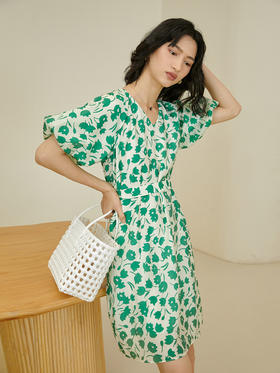 HeyDress郁金香碎花连衣裙女夏季法式复古v领收腰泡泡袖天丝裙子