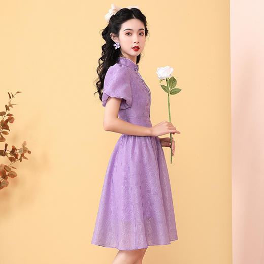 复古国潮，泡泡短袖紫色连衣裙年轻改良款少女旗袍OY-220200 商品图2
