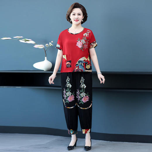 6IXTY-胖妈妈装夏装棉麻套装中老年短袖T恤女加肥加大码两件套 商品图0