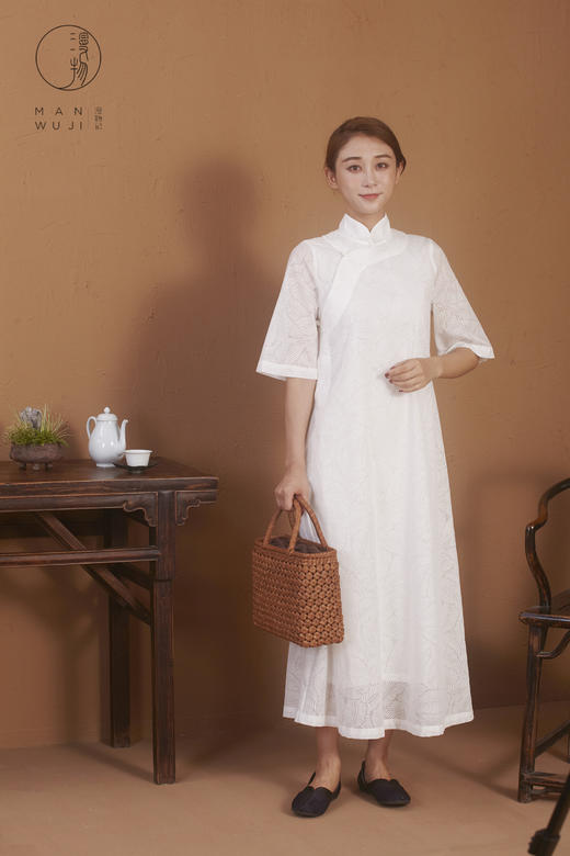 烂花棉连肩五分袖白色树叶纹旗袍（不含内搭） 商品图6