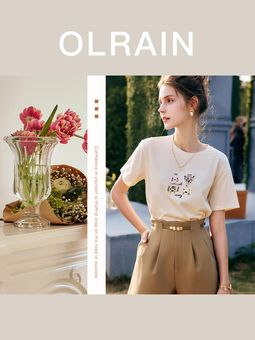 OLrain法式高级穿搭短袖印花T恤女夏装2022年新款显瘦落肩袖上衣 商品图0