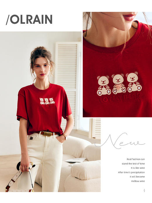 OLrain法式高级穿搭红色短袖T恤女夏2022新款刺绣落肩袖纯棉上衣 商品图2