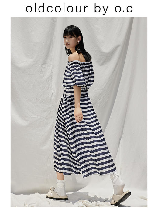 oldcolour【盛夏·胶囊系列】横条纹连衣裙夏一字领高腰设计BO23101127B 商品图1