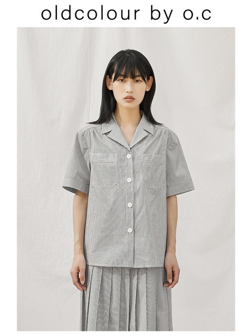 oldcolour【盛夏·胶囊系列】短袖衬衫女2022夏季竖条纹简约设计BO23011120B 商品图0