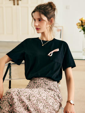 OLrain法式高级穿搭短袖T恤女夏季2022年新款蝴蝶结设计感针织衫