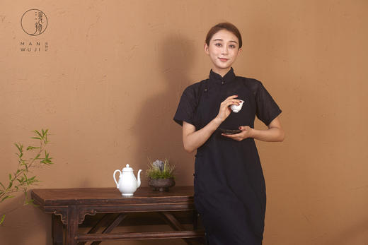 烂花棉连肩三分袖藏青树叶纹旗袍 商品图6