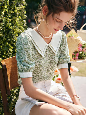 OLrain法式高级穿搭碎花雪纺衫女夏季2022年新款减龄娃娃领衬衣