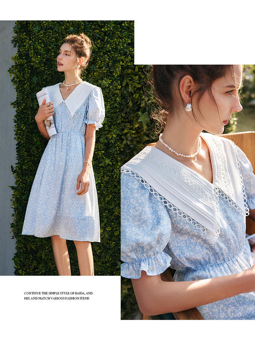 OLrain法式高级穿搭海军领碎花连衣裙女夏季2022新款泡泡袖拼接裙undefined 商品图3