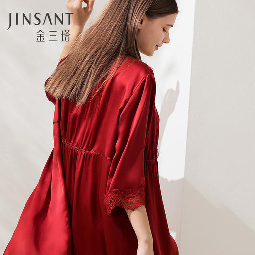 金三塔真丝睡袍女100%桑蚕丝舒适宽松性感蕾丝红色婚庆晨袍浴袍  YSFAA102 商品图1