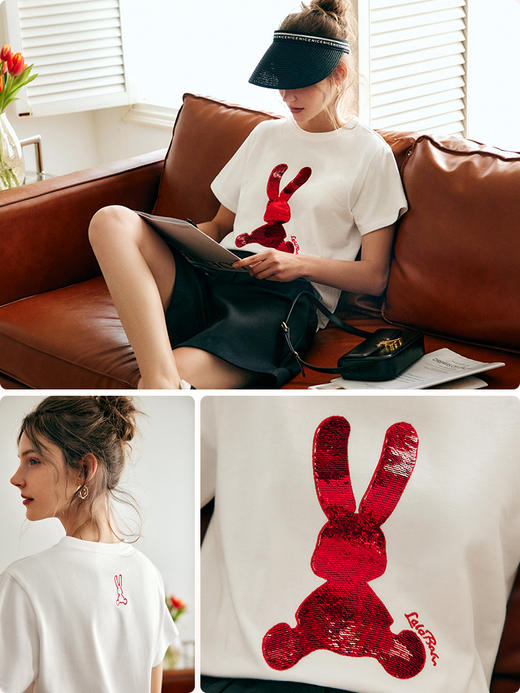 0OLrain法式高级穿搭短袖T恤女夏季2022年新款重工亮片纯棉上衣 商品图2