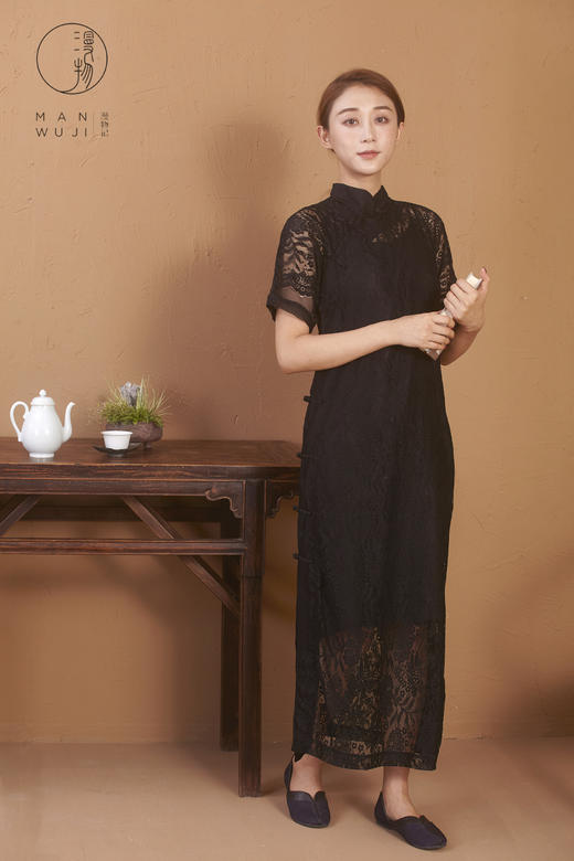 蕾丝连肩四分袖黑色旗袍 商品图0