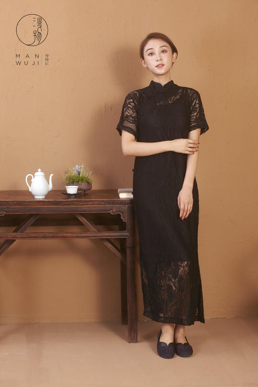 蕾丝连肩四分袖黑色旗袍 商品图5