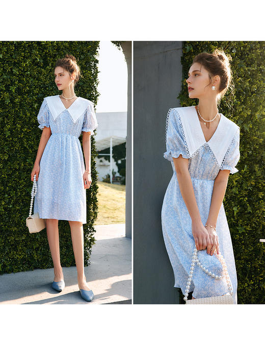 OLrain法式高级穿搭海军领碎花连衣裙女夏季2022新款泡泡袖拼接裙undefined 商品图2