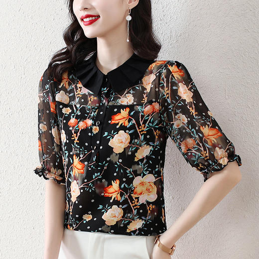 新款撞色，翻领衬衫小碎花气质减龄雪纺衫上衣KQL-9259 商品图2