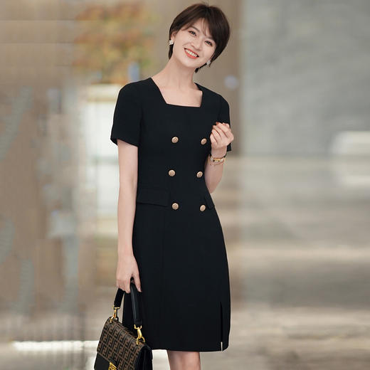 黑色短袖连衣裙女夏季新款职业通勤短袖气质方领中长裙 商品图1