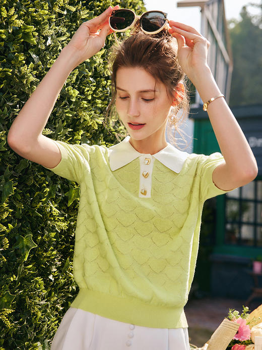 OLrain法式高级穿搭POLO领针织衫女夏装2022新款洋气短袖薄款上衣 商品图0