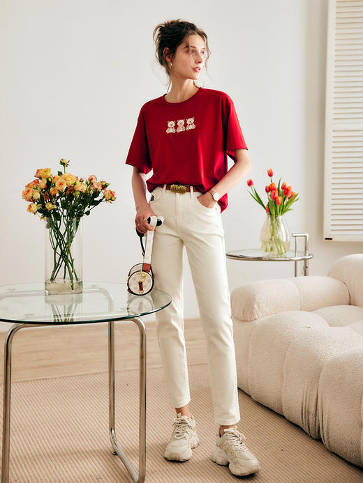 OLrain法式高级穿搭红色短袖T恤女夏2022新款刺绣落肩袖纯棉上衣 商品图3