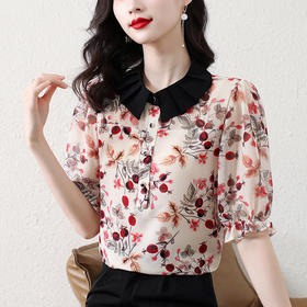 新款撞色，翻领衬衫小碎花气质减龄雪纺衫上衣KQL-9259