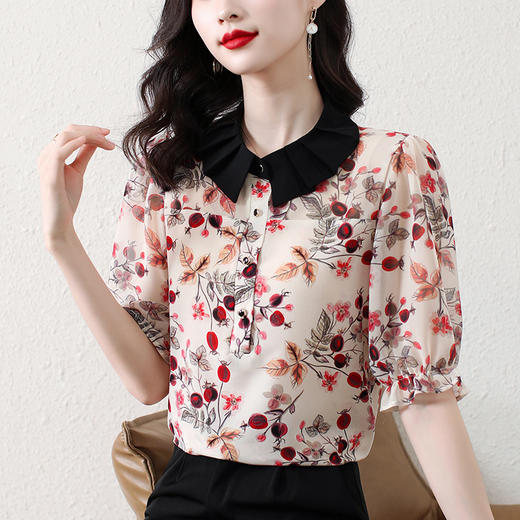 新款撞色，翻领衬衫小碎花气质减龄雪纺衫上衣KQL-9259 商品图0
