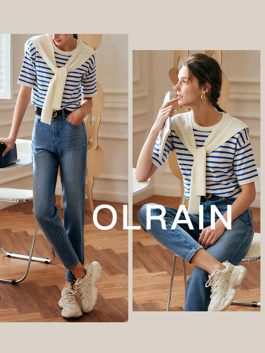 OLrain法式高级穿搭蓝白条纹针织衫女夏2022新款海军风披肩套头衫 商品图1