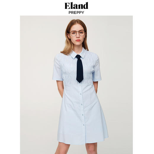 ELAND依恋2022年夏款衬衫领褶皱设计连衣裙EEOWC25N8B 商品图0