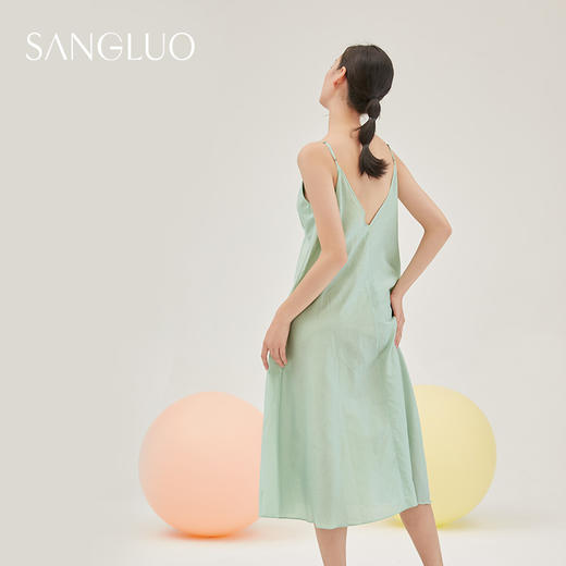 SANGLUO桑蚕丝丝绵豆绿色吊带睡裙长款侘寂风大裙摆家居服睡衣 商品图4