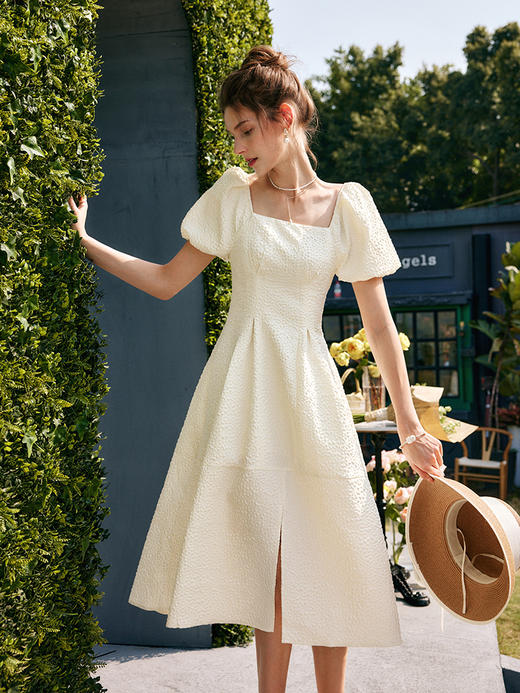 OLrain法式高级穿搭方领连衣裙女夏季2022年新款收腰灯笼袖裙子undefined 商品图2