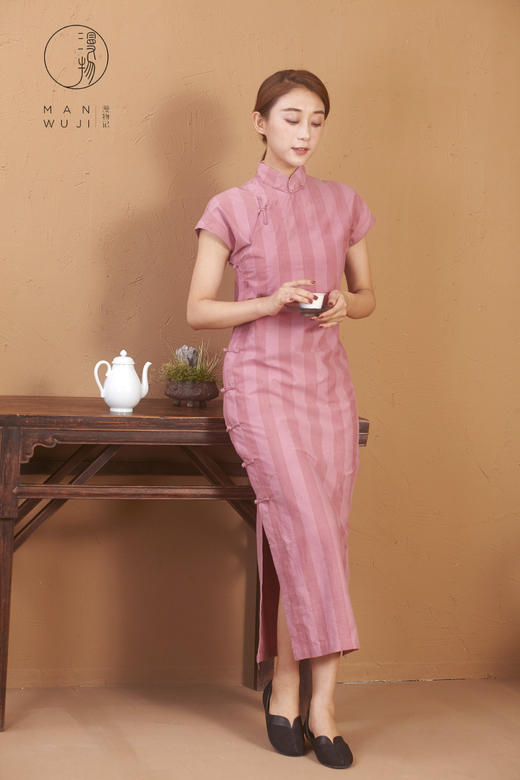 漫物记全棉连肩袖粉色条纹旗袍 商品图5