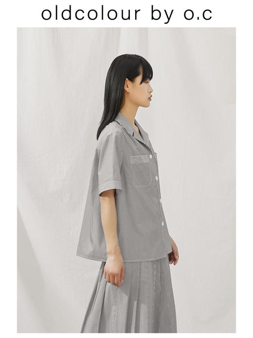 oldcolour【盛夏·胶囊系列】短袖衬衫女2022夏季竖条纹简约设计BO23011120B 商品图1