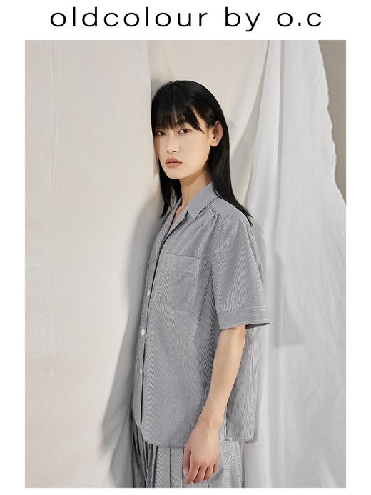 oldcolour【盛夏·胶囊系列】短袖衬衫女2022夏季竖条纹简约设计BO23011120B 商品图2