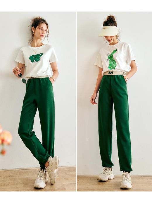 欧芮儿绿色针织休闲裤女夏季2022年新款高腰直筒束脚运动薄款卫裤 商品图2