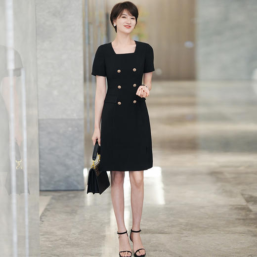 黑色短袖连衣裙女夏季新款职业通勤短袖气质方领中长裙 商品图4