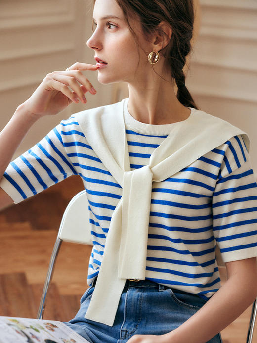 OLrain法式高级穿搭蓝白条纹针织衫女夏2022新款海军风披肩套头衫 商品图0