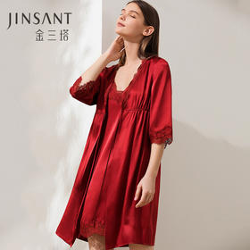金三塔真丝睡袍女100%桑蚕丝舒适宽松性感蕾丝红色婚庆晨袍浴袍  YSFAA102