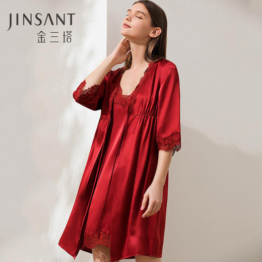 金三塔真丝睡袍女100%桑蚕丝舒适宽松性感蕾丝红色婚庆晨袍浴袍  YSFAA102 商品图0