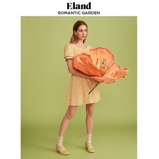 ELAND衣恋2022年春新款女士小众泡泡袖洋气肌理感短袖碎花连衣裙EEOWC25H2D 商品图1