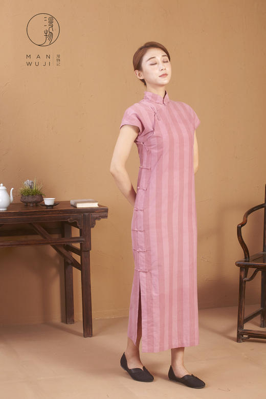 漫物记全棉连肩袖粉色条纹旗袍 商品图3
