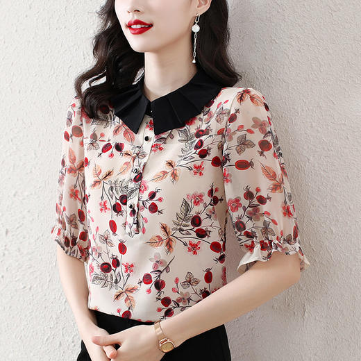 新款撞色，翻领衬衫小碎花气质减龄雪纺衫上衣KQL-9259 商品图3