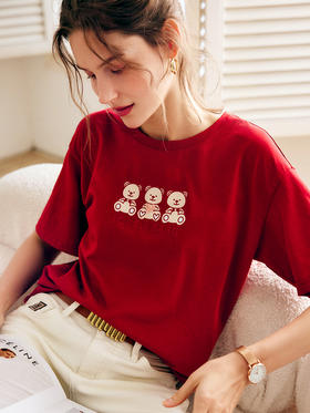 OLrain法式高级穿搭红色短袖T恤女夏2022新款刺绣落肩袖纯棉上衣