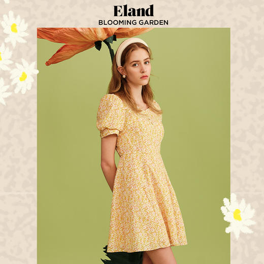 ELAND衣恋2022年春新款女士小众泡泡袖洋气肌理感短袖碎花连衣裙EEOWC25H2D 商品图0