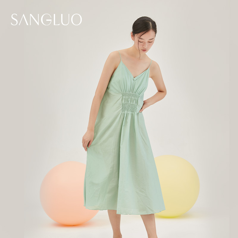 SANGLUO桑蚕丝丝绵豆绿色吊带睡裙长款侘寂风大裙摆家居服睡衣