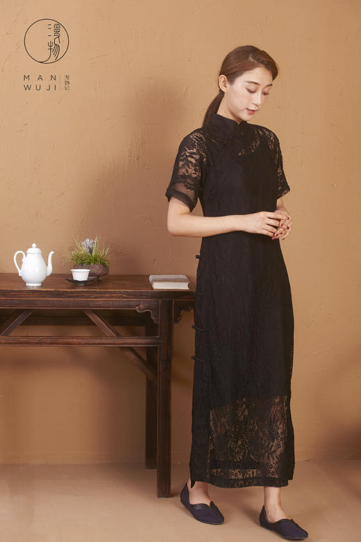 蕾丝连肩四分袖黑色旗袍 商品图6