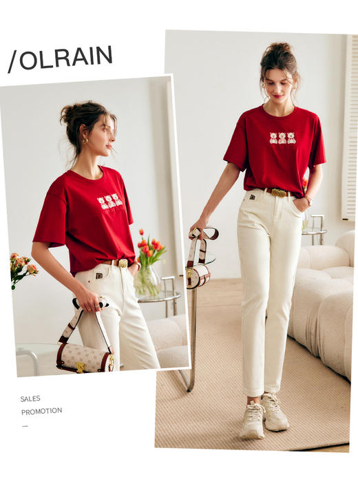 OLrain法式高级穿搭红色短袖T恤女夏2022新款刺绣落肩袖纯棉上衣 商品图1