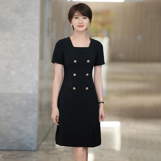 黑色短袖连衣裙女夏季新款职业通勤短袖气质方领中长裙 商品图0