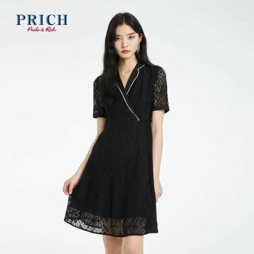 PRICH22夏款收腰V领撞色蕾丝镂空设计黑色天丝连衣裙PROWC2307M 商品图0