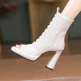 防水台粗跟鱼嘴凉靴，真皮新款铆钉洞洞靴JQR-22-29