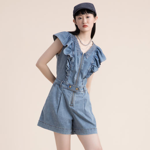 谜底2022夏季复古减龄飞飞袖修身显瘦连体牛仔短裤女222MK0510 商品图1