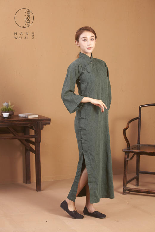 纯棉连肩九分喇叭袖提花树叶旗袍 商品图2